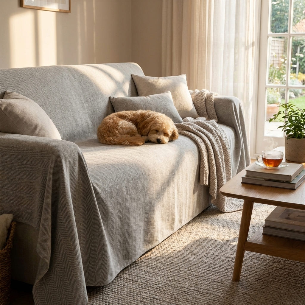 Protective geometric sectional sofa cover, modern slipcover for pet-friendly living rooms, safeguards furniture.