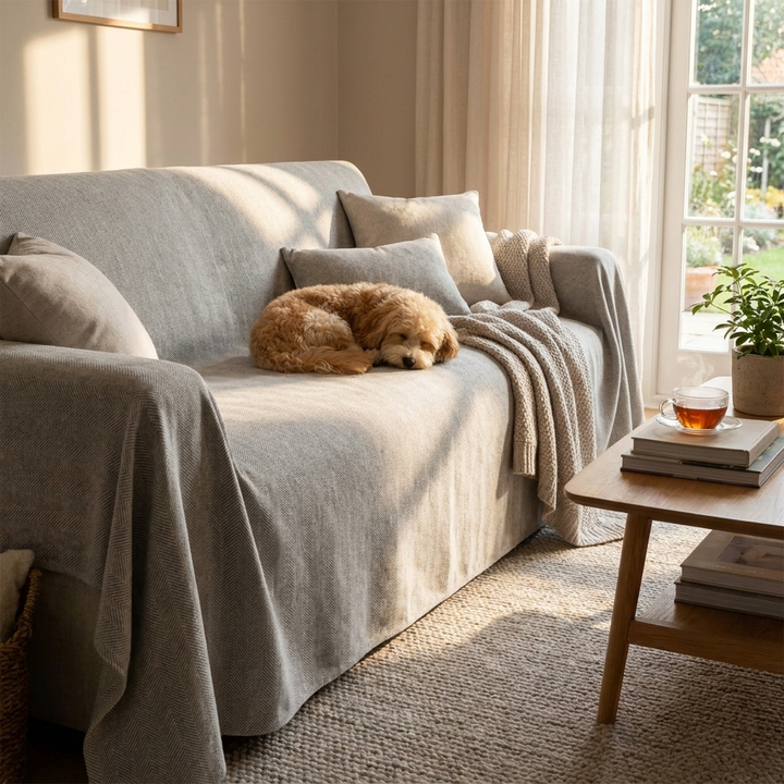 Protective geometric sectional sofa cover, modern slipcover for pet-friendly living rooms, safeguards furniture.
