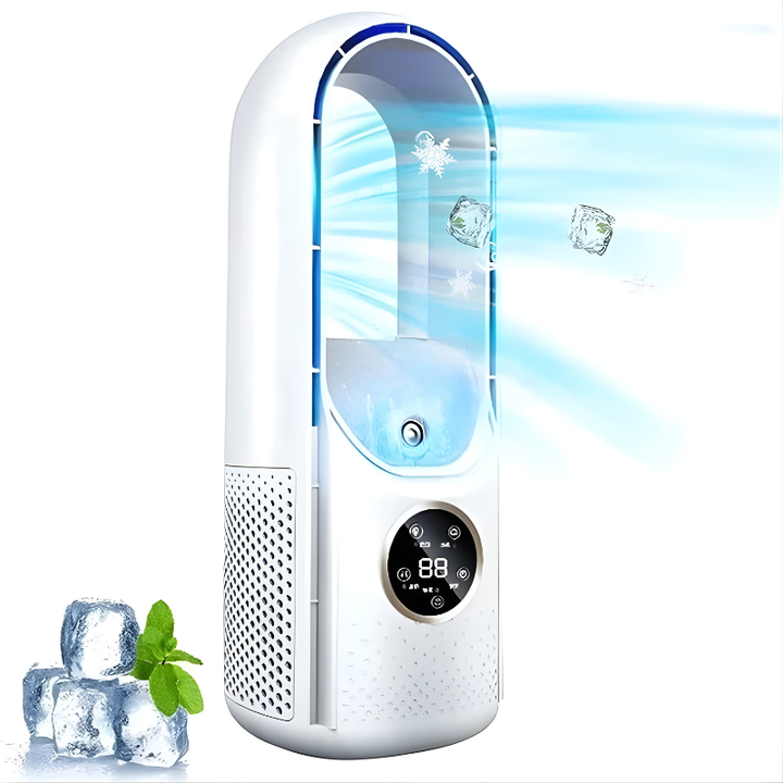 Compact bladeless personal AC unit, perfect for quiet and efficient home or office cooling.