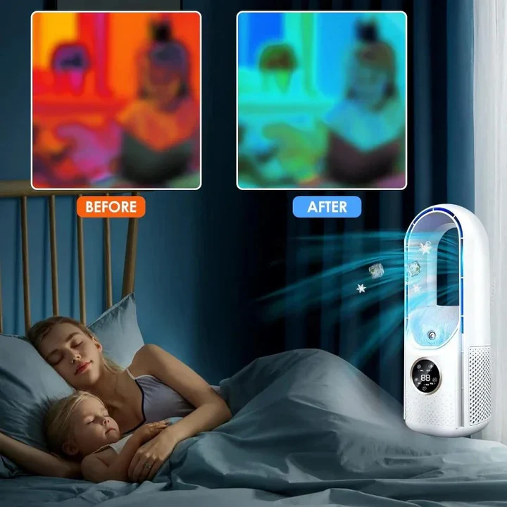Mini bladeless fan and personal AC, providing quiet and effective spot cooling.