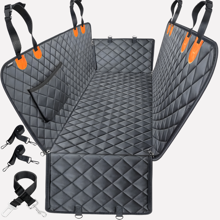 Quilted dog car seat hammock cover for vehicles. Water-resistant, scratch-proof pet car protector for safe dog travel.