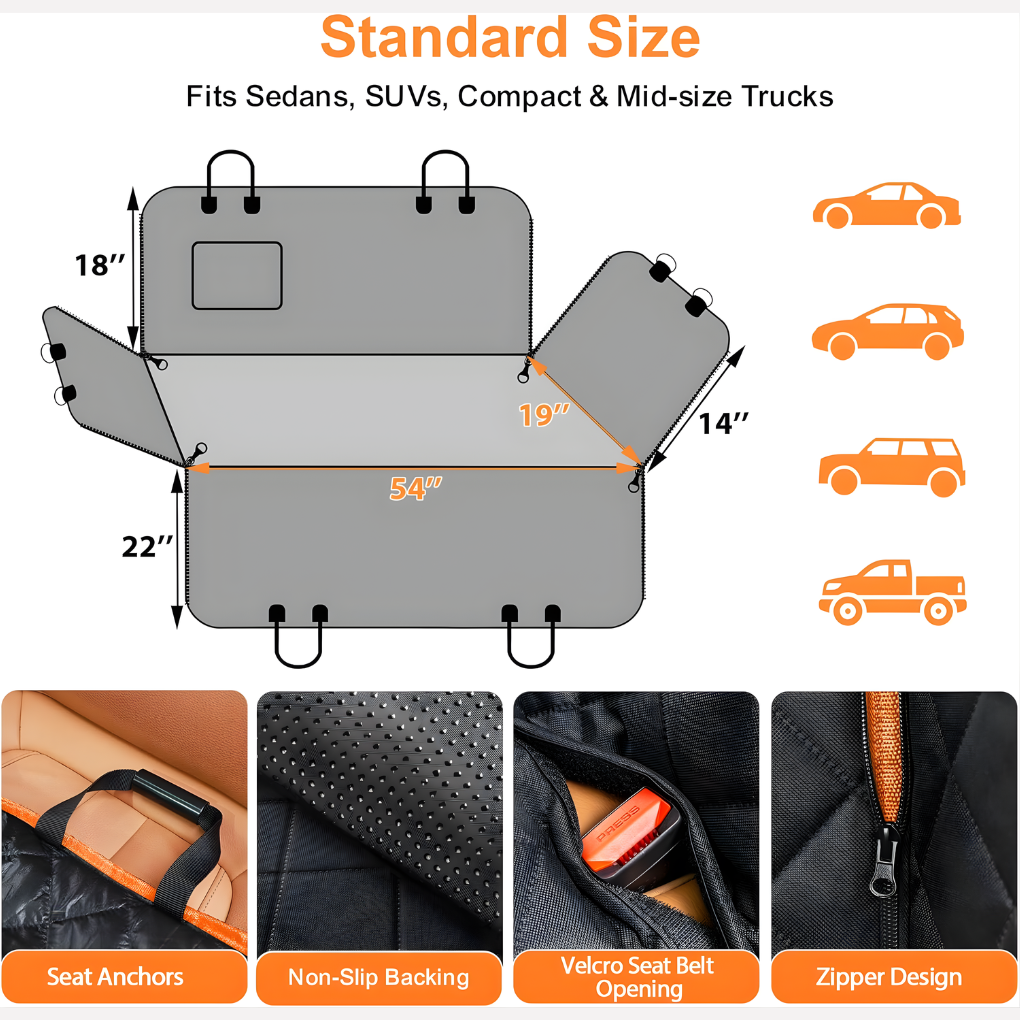 Quilted vehicle pet cover & dog car seat hammock. Water-resistant, scratch-proof pet supplies for travel in any car.