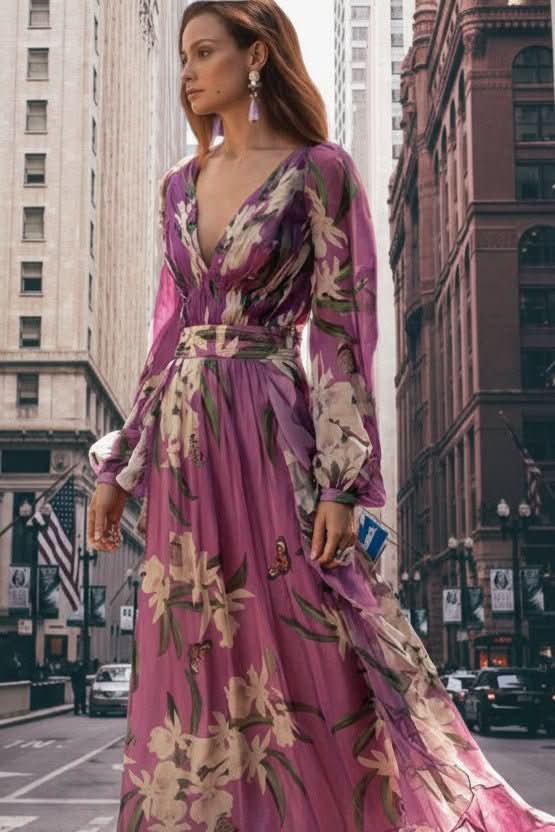 Radiant purple V-neck maxi dress for women, perfect for elegant evening events or special occasions.