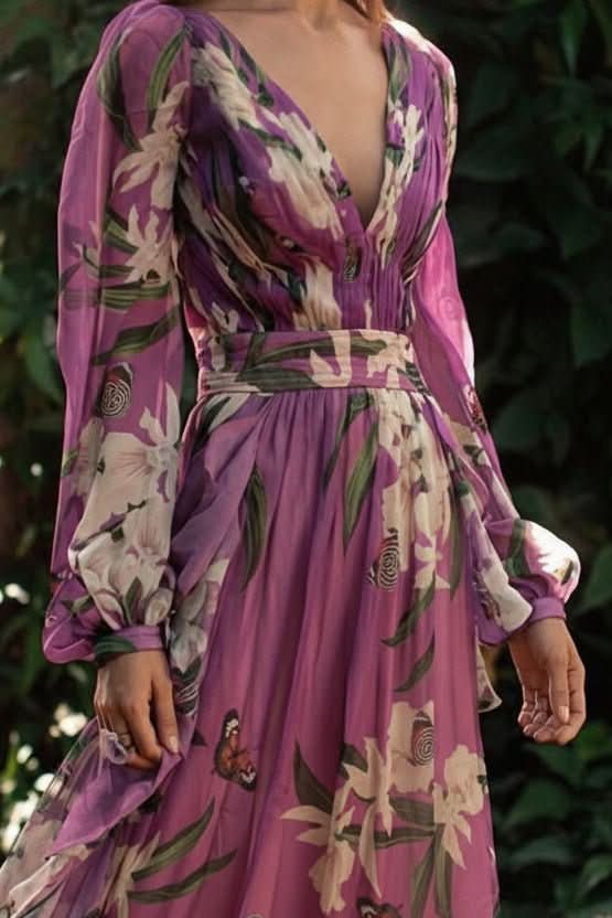 Women's elegant long purple V-neck maxi dress, ideal for formal parties, evening wear, and special events.