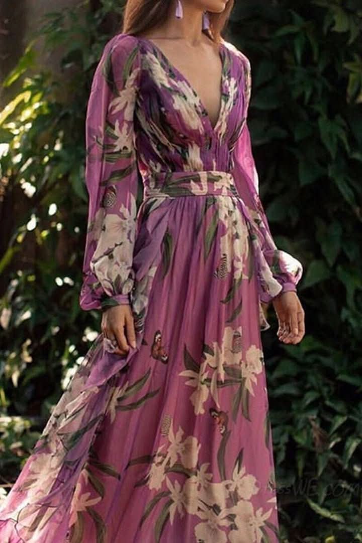 Stunning radiant purple V-neck maxi dress, a stylish long gown for women's formal and party wear.