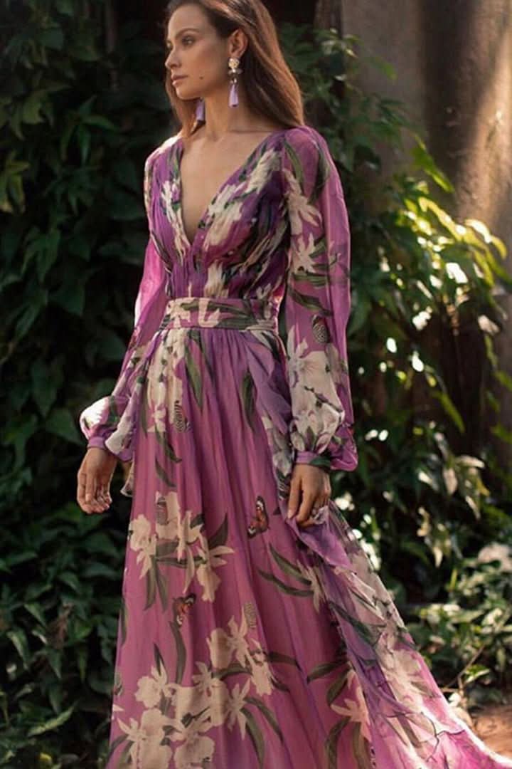 Women's purple V-neck maxi dress; an elegant long evening gown perfect for formal events & special occasions.