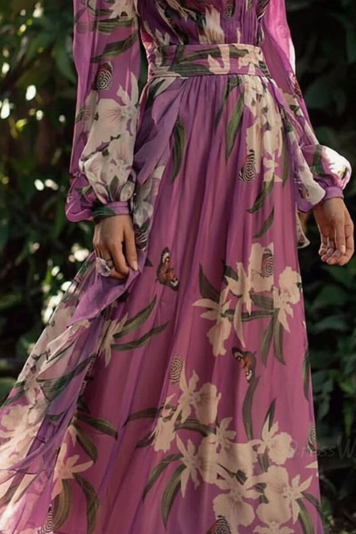 Radiant purple V-neck maxi dress for women, an elegant long dress suitable for parties & formal gatherings.