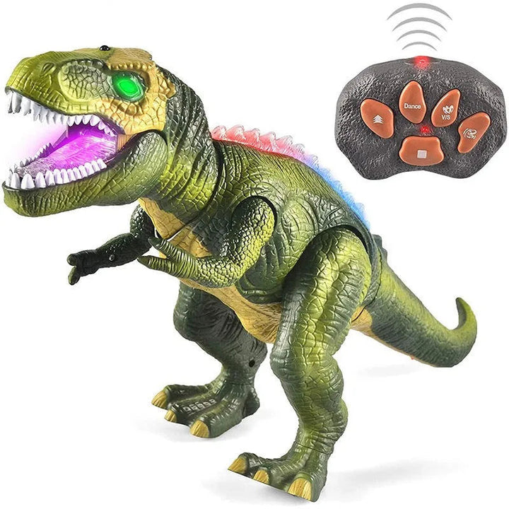 RC T-Rex dinosaur toy with roaring sounds, LED eyes, and remote control for kids' prehistoric adventures.