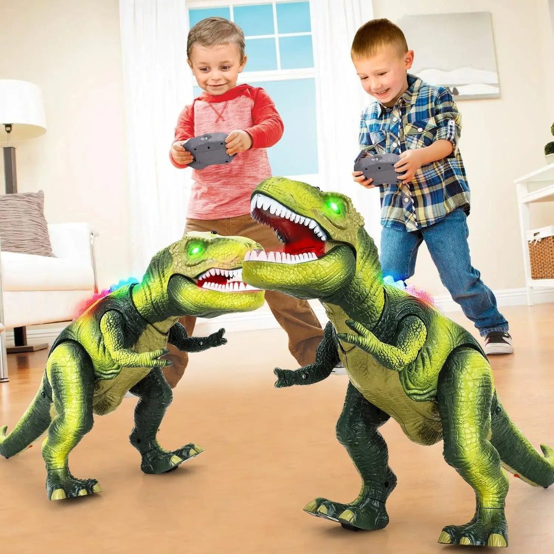 Child joyfully playing with remote control T-Rex dinosaur, its LED eyes glowing & roaring sounds filling the room.
