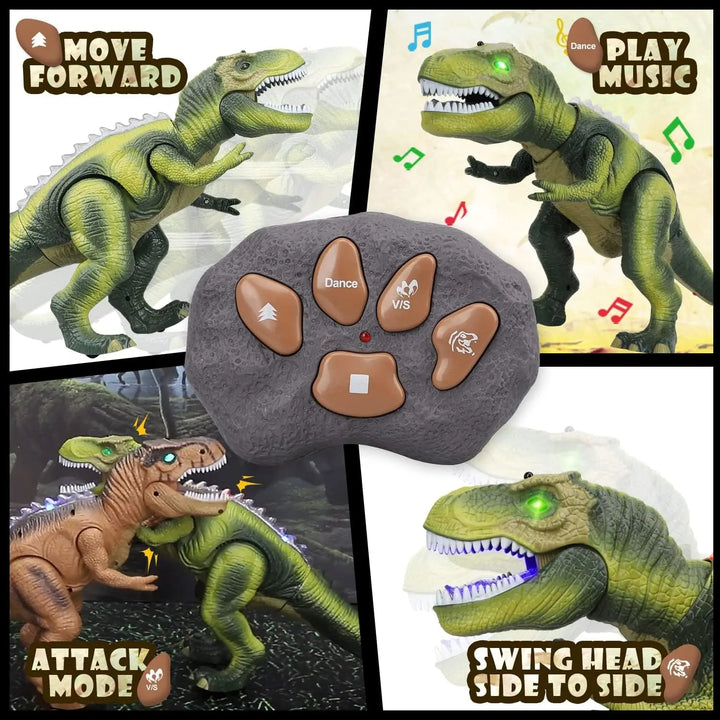 Detailed RC T-Rex dinosaur action figure, showcasing realistic texture, LED eyes, and powerful stance.