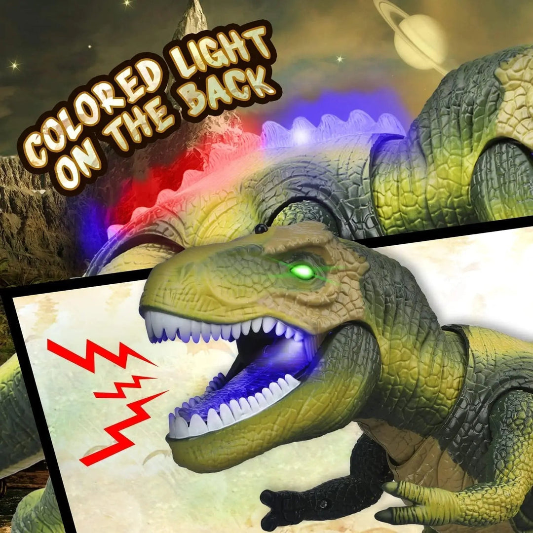 Hand holding the remote control, activating a walking RC T-Rex dinosaur toy with glowing eyes and roaring effects.