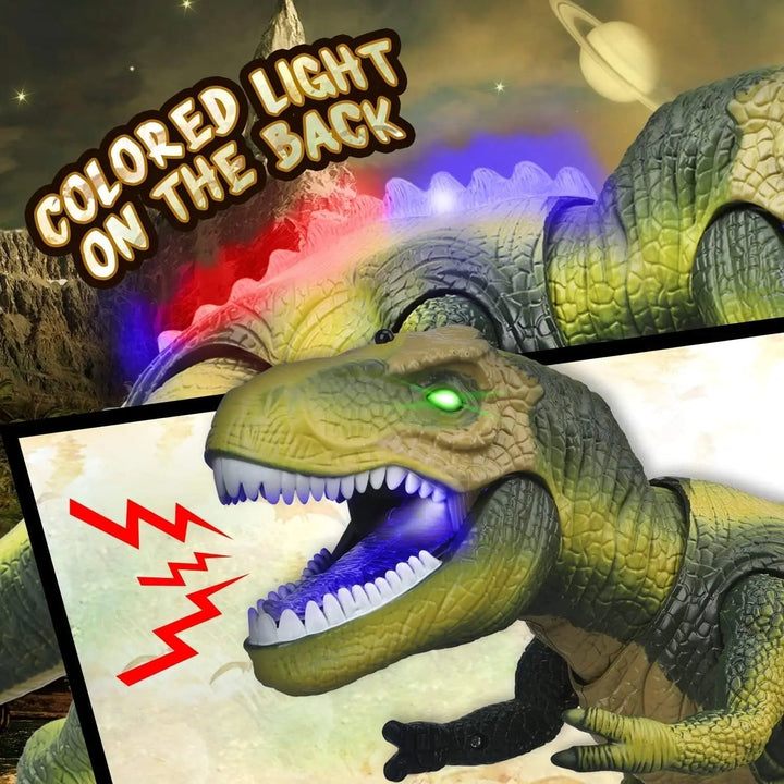 Hand holding the remote control, activating a walking RC T-Rex dinosaur toy with glowing eyes and roaring effects.