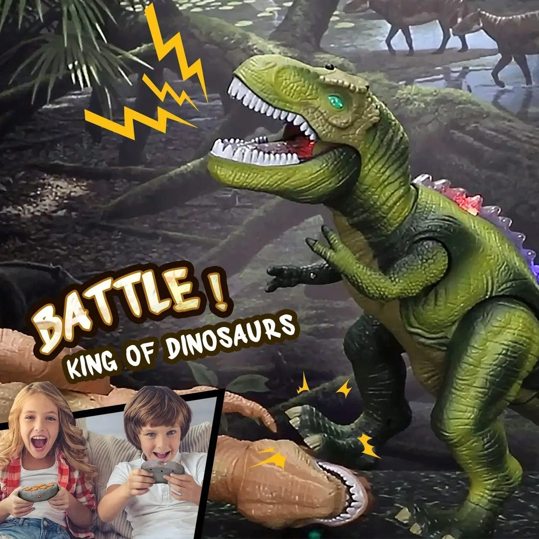 Large remote control T-Rex dinosaur toy, teaching kids about prehistoric creatures with roaring sounds & LED lights.