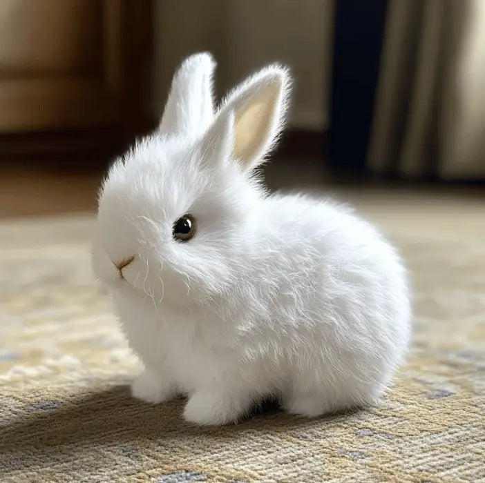 Realistic plush rabbit toy with life-like movement, soft fur. Great unisex gift for kids or home decor.