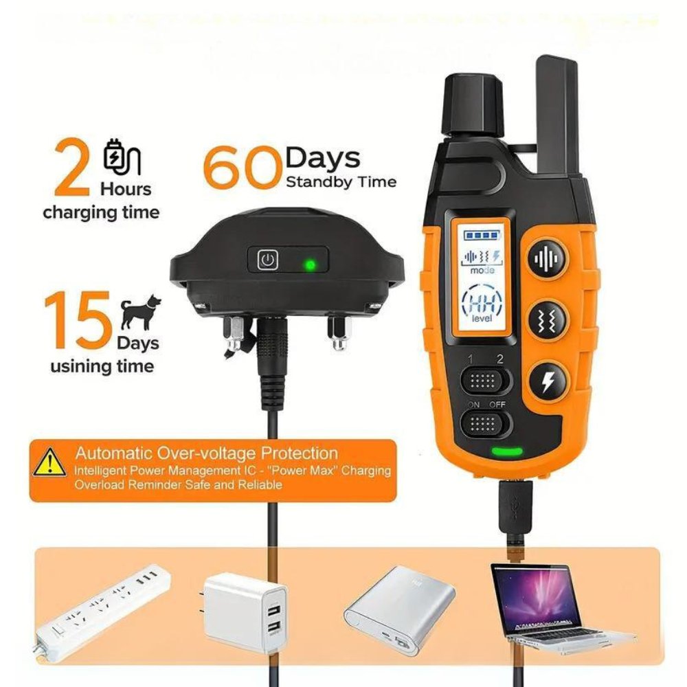 Waterproof & rechargeable dog training collar with remote for behavior correction and puppy obedience training.
