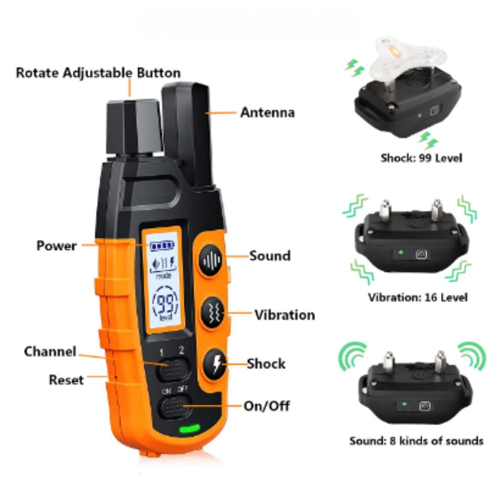 Puppy training collar for obedience and behavior correction. Rechargeable, waterproof, and remote controlled.