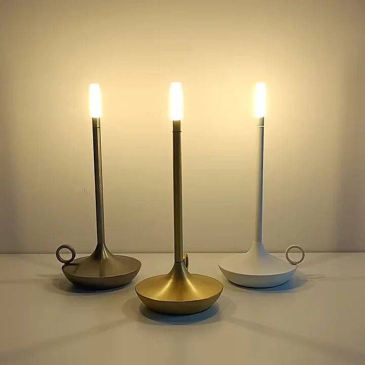 Portable rechargeable LED lamp with touch control. Provides wireless ambient lighting for indoor or outdoor spaces.