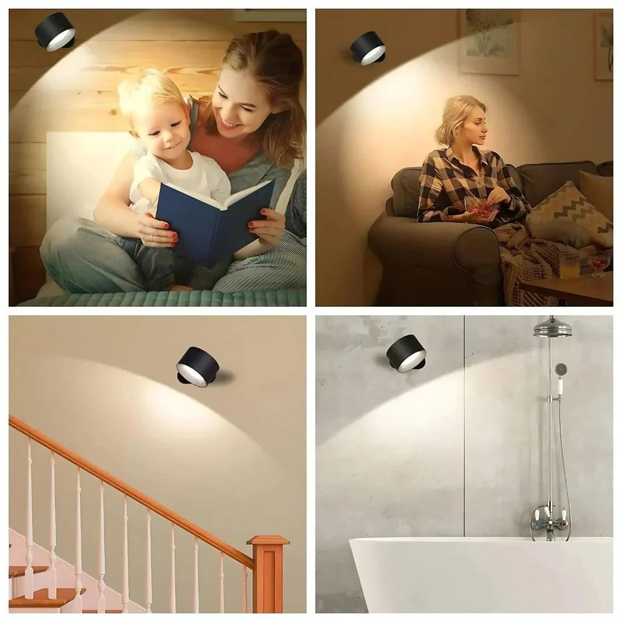 Wireless 360° rotating LED lamp with magnetic adhesion, touch dimming, and long battery life.