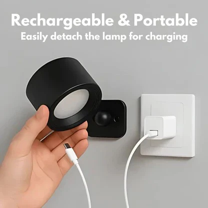 Sleek 360° rotating LED wall light, touch control, cordless & rechargeable for flexible use.
