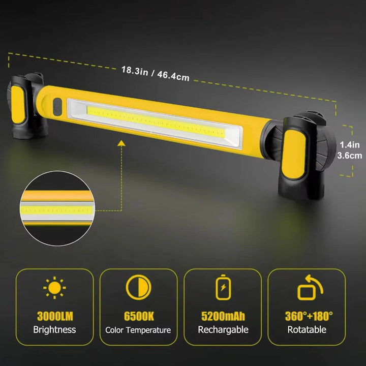 Rechargeable LED work light with magnetic base and adjustable modes, shown with sleek design and portable construction.