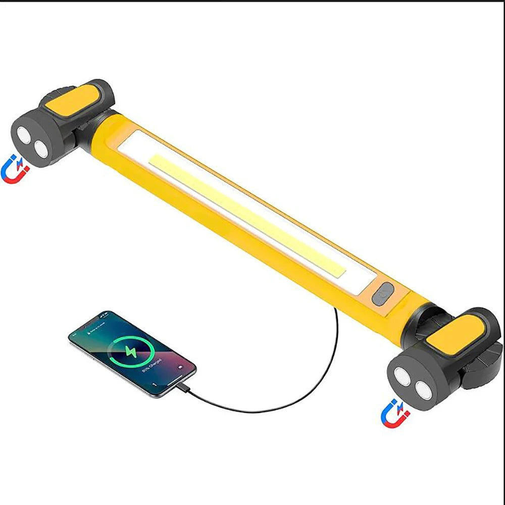 Rechargeable LED work light with magnetic base and adjustable modes, shown with sleek design and portable construction.