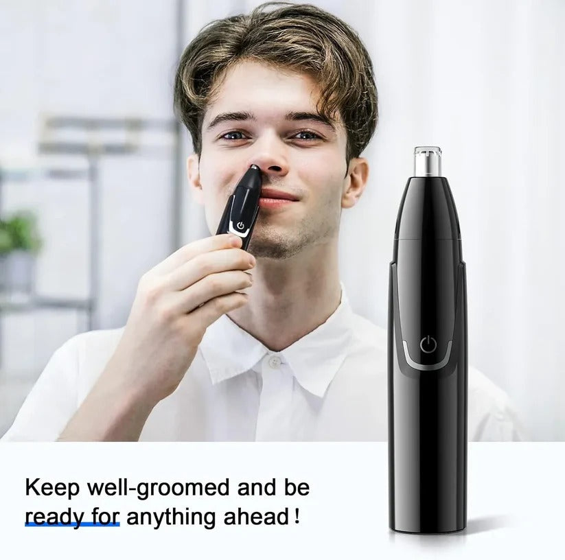 Rechargeable men's and women's nose & ear hair trimmer, sleek design, dual-edge blades, cordless, USB charging, black color.