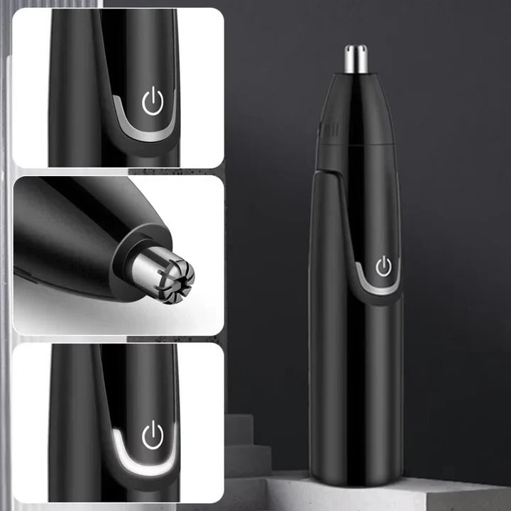 Rechargeable men's and women's nose & ear hair trimmer, sleek design, dual-edge blades, cordless, USB charging, black color.