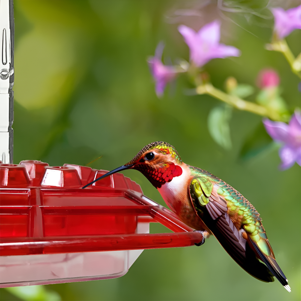 Red hummingbird feeder with ant moat & bee guard for outdoor gardens. Attracts backyard birds.
