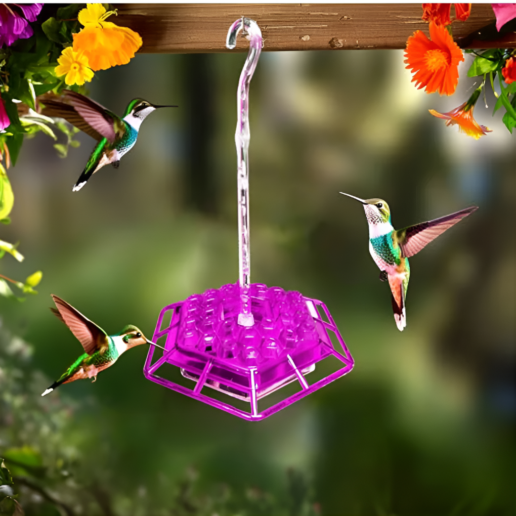 A hummingbird feeder hanging in a garden, attracting birds. Features ant moat, bee guard. Perfect for outdoor living.