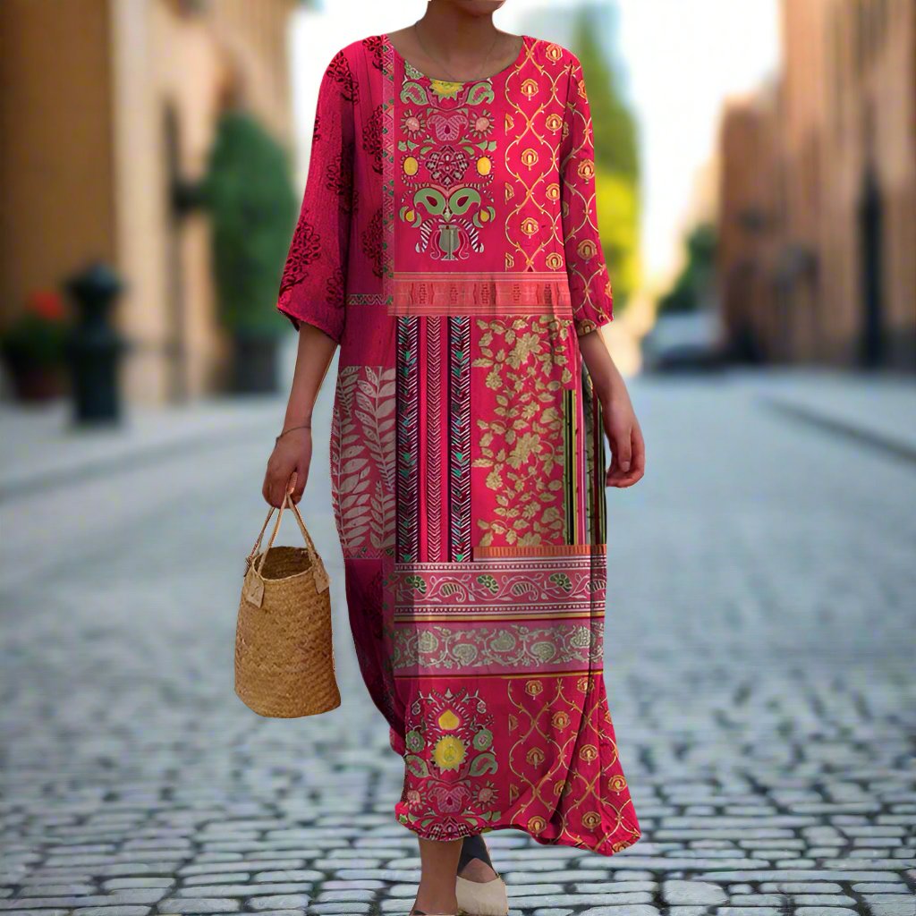 Bohemian red maxi dress for women, featuring a comfortable loose fit & flowing design, perfect for summer & vacation.