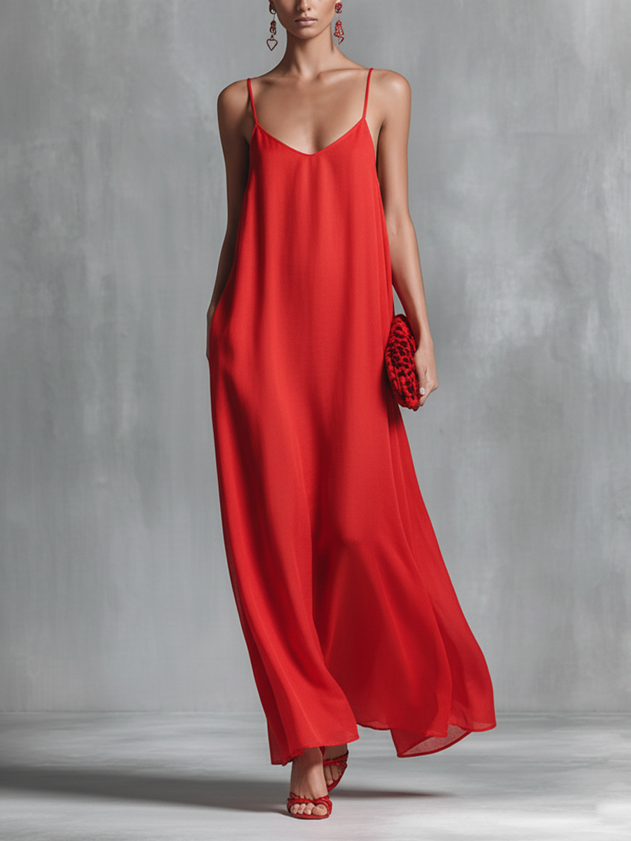 Red women's V-neck spaghetti strap maxi dress with A-line silhouette, perfect for elegant summer occasions.