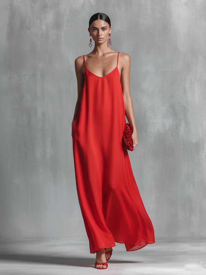 Flowy red maxi dress for women, featuring a flattering V-neck, delicate spaghetti straps, and practical pockets.