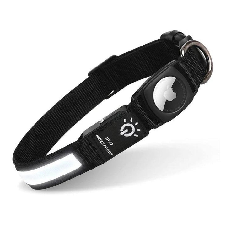 Secure tracking device holder on a bright reflective dog collar for enhanced pet safety and visibility.