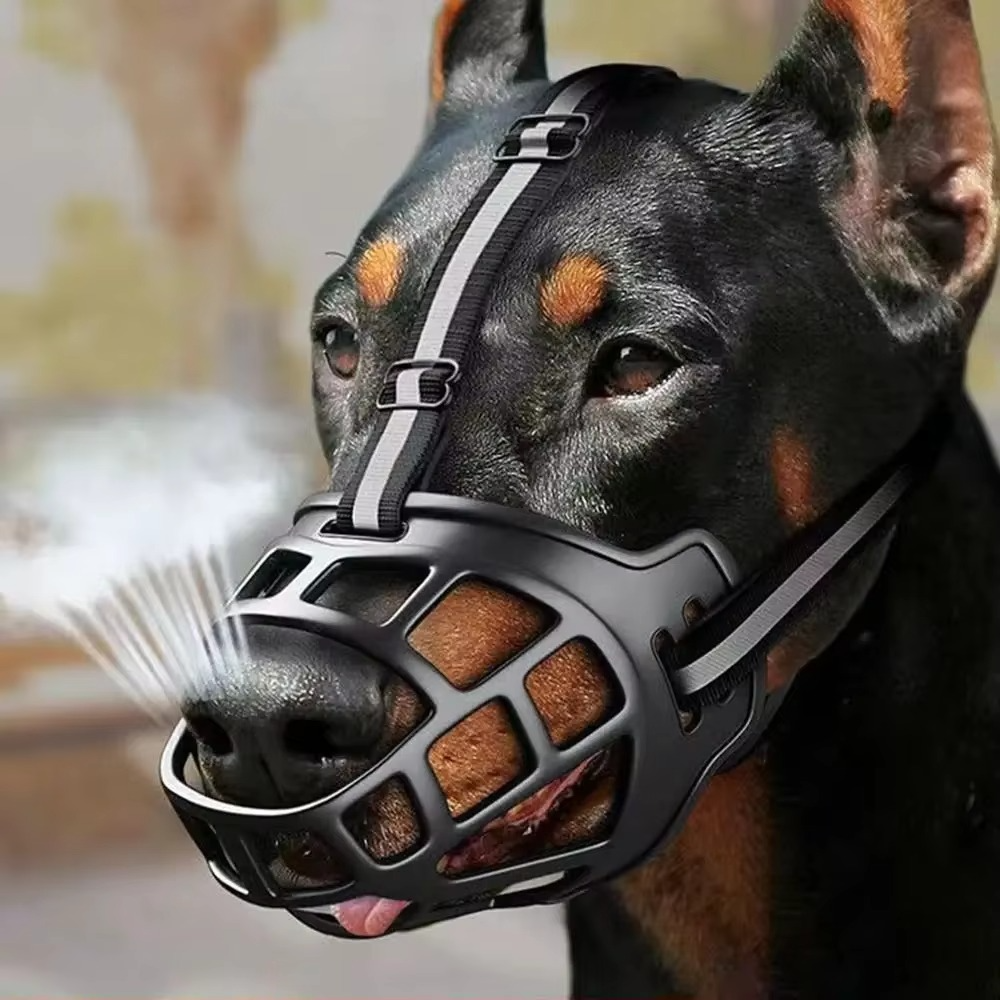 Reflective dog muzzle, breathable & water-friendly, for pet safety & training. Adjustable anti-bite dog gear.
