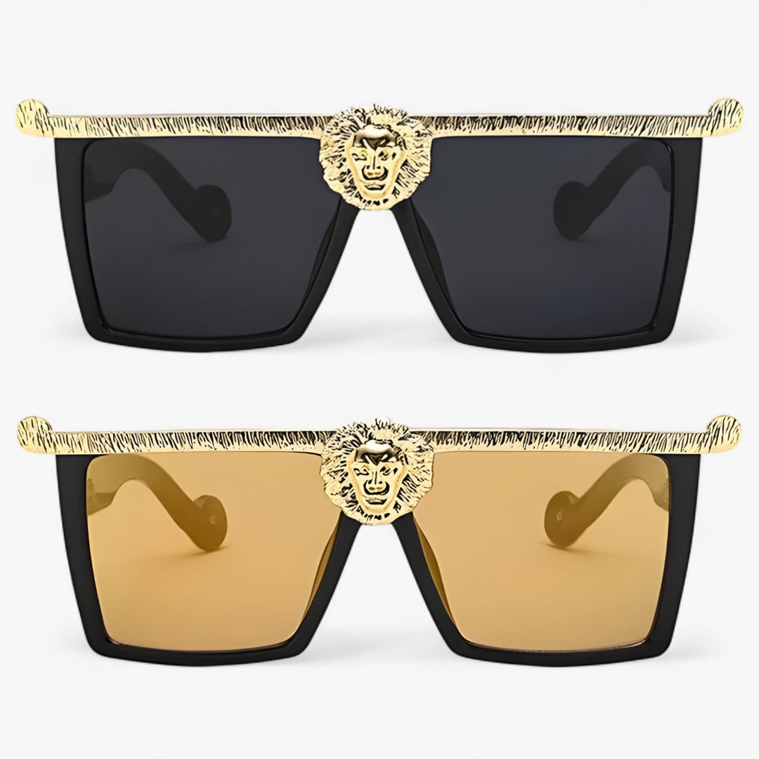Close-up of retro lion-style sunglasses, black frame, gold details, and UV400 protected lenses.