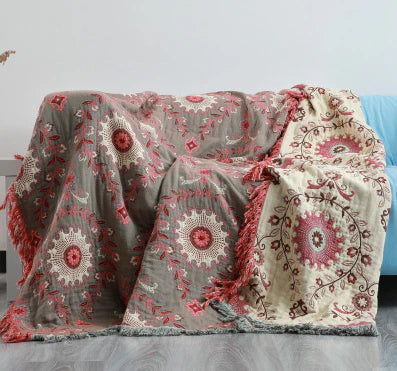 Beautiful reversible bird design blanket, a warm and decorative Scandinavian cotton throw for any room.