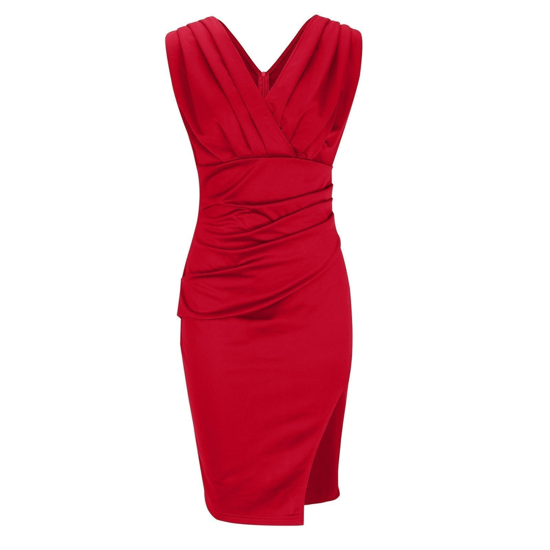 Elegant black V-neck sleeveless bodycon midi dress for women, ideal for special occasions & date nights.