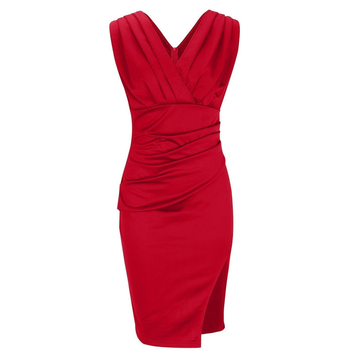 Elegant black V-neck sleeveless bodycon midi dress for women, ideal for special occasions & date nights.