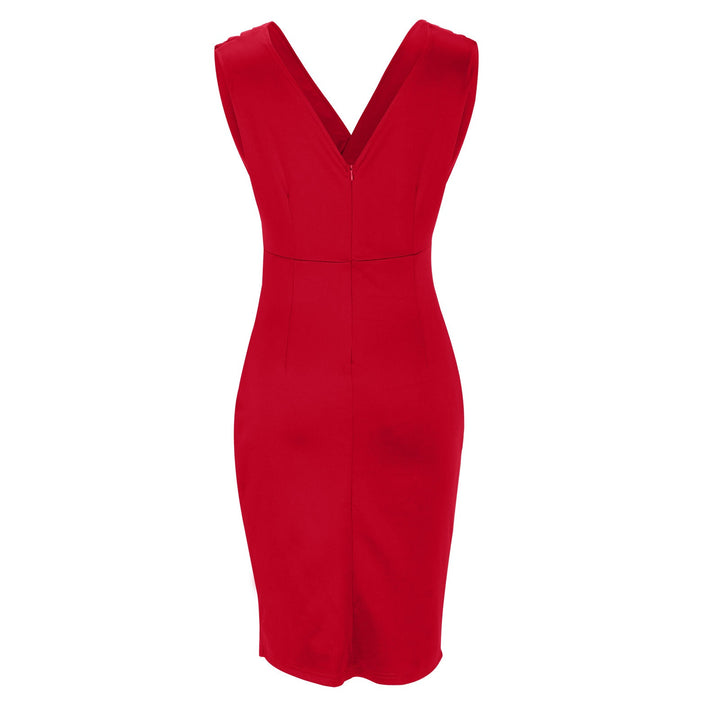 Chic women's sleeveless V-neck bodycon midi dress in blue, a versatile elegant option for evening wear.