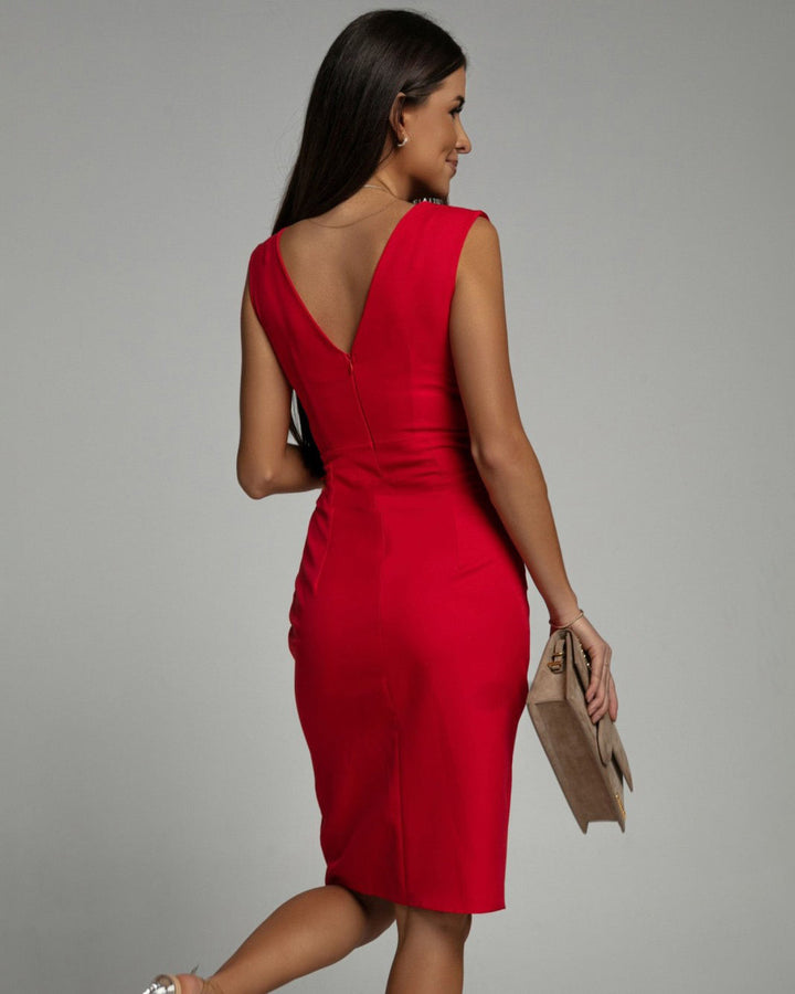 Chic black sleeveless V-neck bodycon midi dress, perfect for elegant evening events and date nights.
