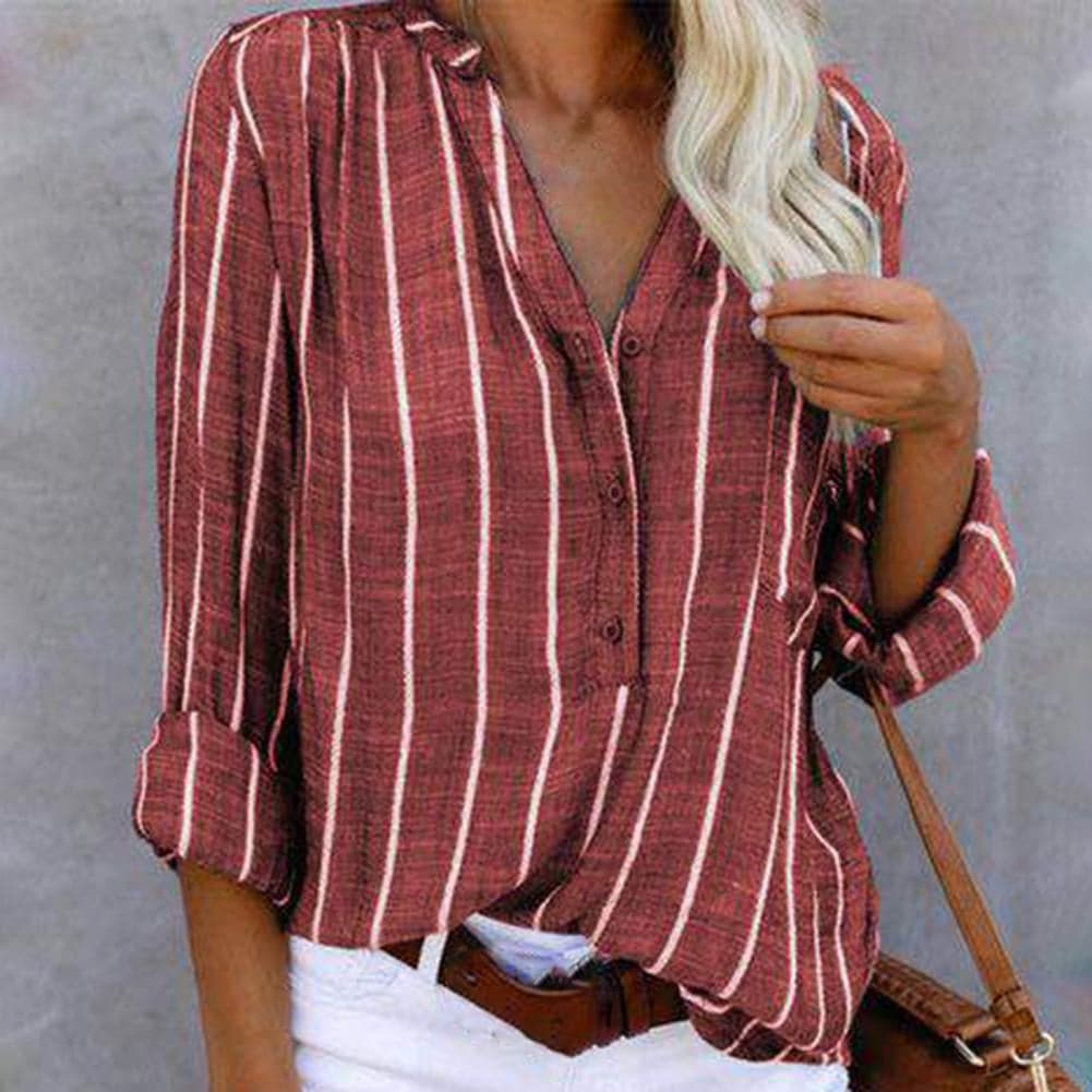 Effortless women's striped V-neck top. Long sleeves with roll tabs for comfort & casual style.