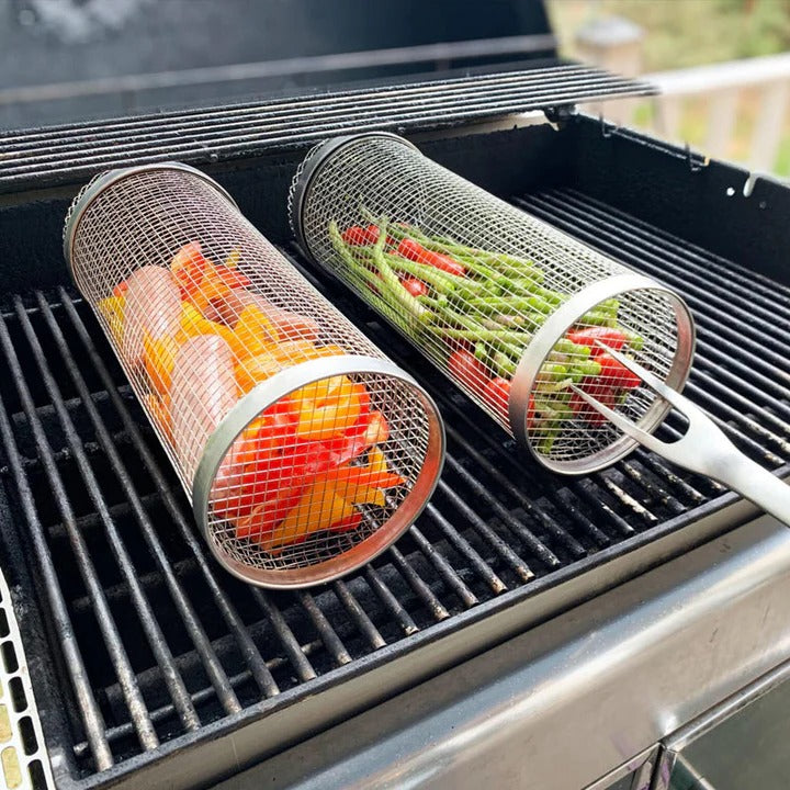 Stainless steel rotisserie grill basket for uniform cooking of vegetables, meats & more on any BBQ.
