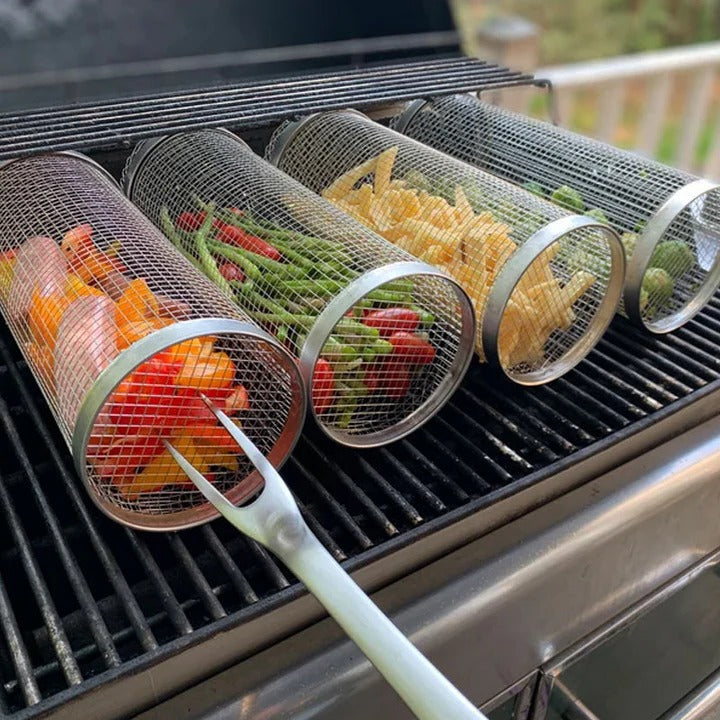 Versatile rolling grill basket for perfectly grilled vegetables, potatoes, stir-fries & small items.