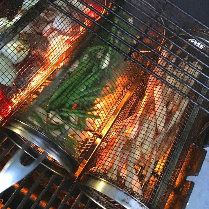 Durable BBQ accessory: stainless steel rotating grill basket with locking latch for grilling meats & veggies.