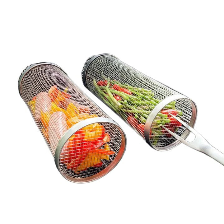 Premium stainless steel rotating grill basket, ideal for rotisserie BBQ, with a secure locking mechanism.