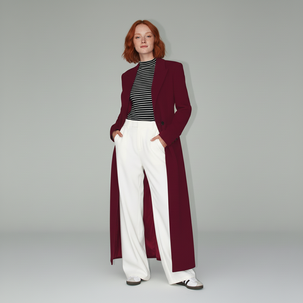 Ruby red long fitted coat for women, elegant & tailored outerwear.