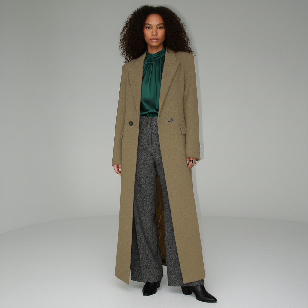 Versatile women's ruby long fitted coat, an elegant tailored outerwear for many occasions.