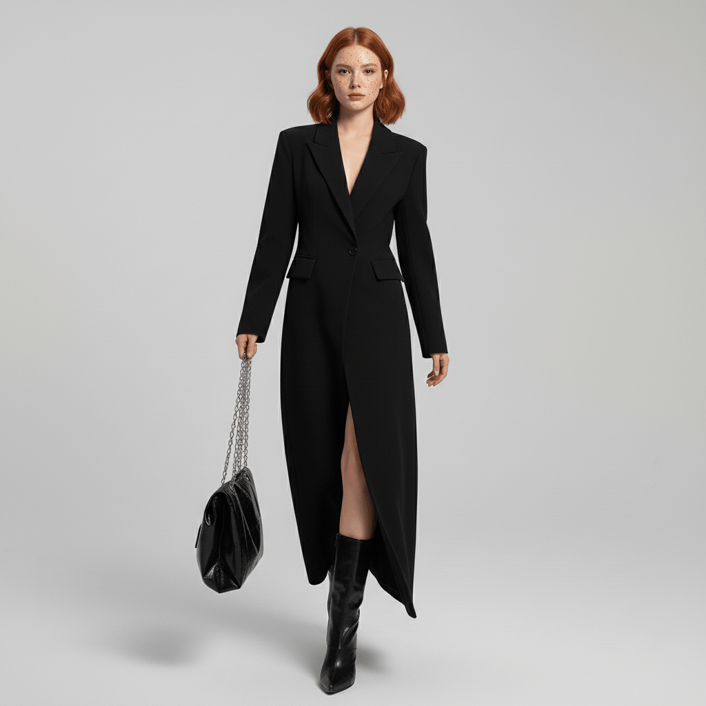 Elegant women's ruby long fitted coat, structured design for a modern look.