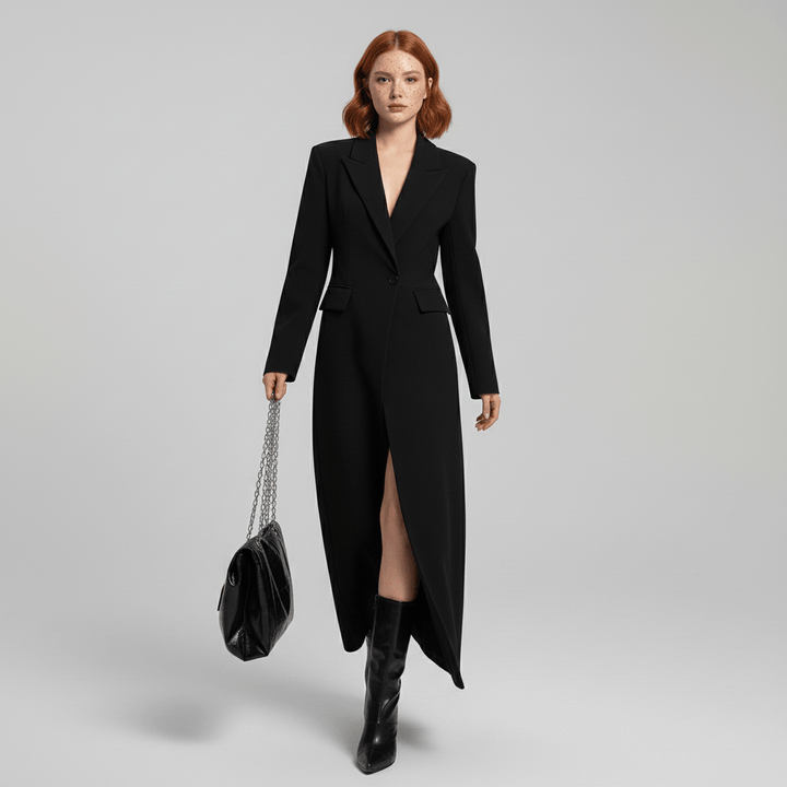 Elegant women's ruby long fitted coat, structured design for a modern look.