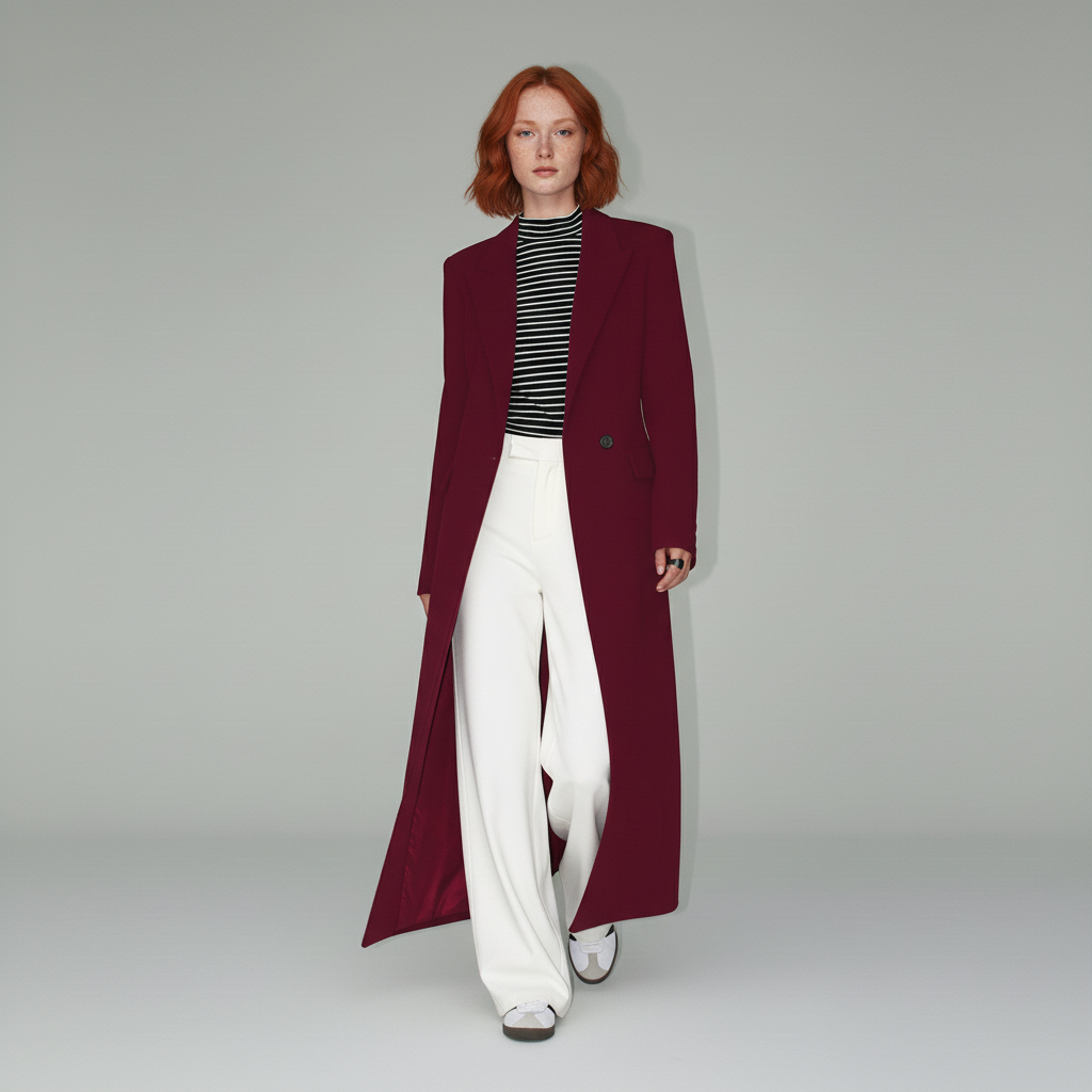 Women's long fitted ruby coat, a chic tailored outerwear piece for fashion.